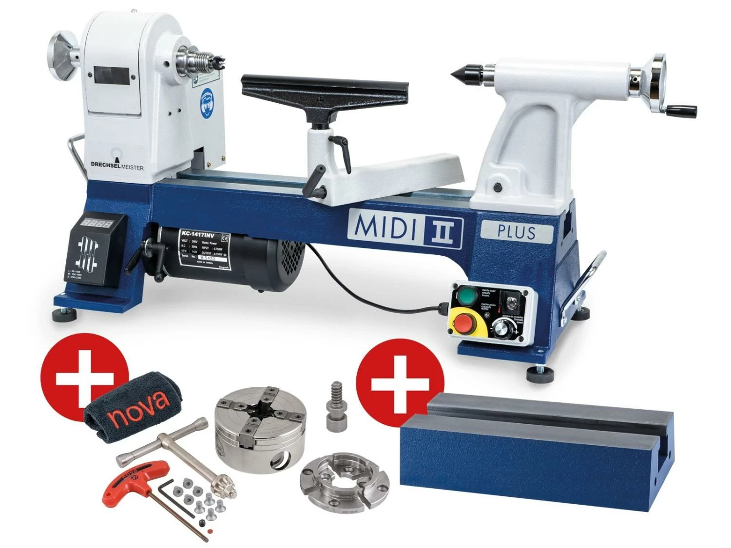 DRECHSELMEISTER - MIDI 2 PLUS - Tour à Bois Miniature 400 mm avec Convertisseur, Mandrin Nova G3 et Rallonge de Banc 280 mm