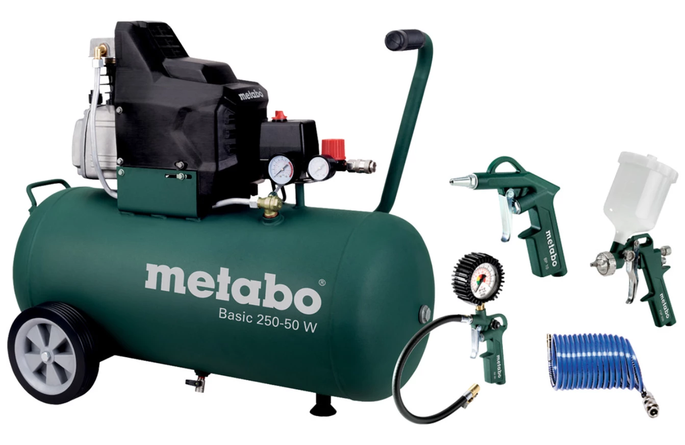 Compresseur Pneumatique METABO Basic 250-50 W Set 1500W - 8 Bar - 50L - 95L/min avec Set D'outils à Air Comprimé LPZ 4