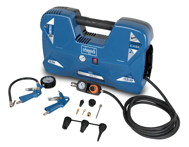 SCHEPPACH - Compresseur Portatif 2L 1100W avec 12 Accessoires, Pression Max 8 Bar | Idéal Bâtiment, Bois, Métal, Jardin