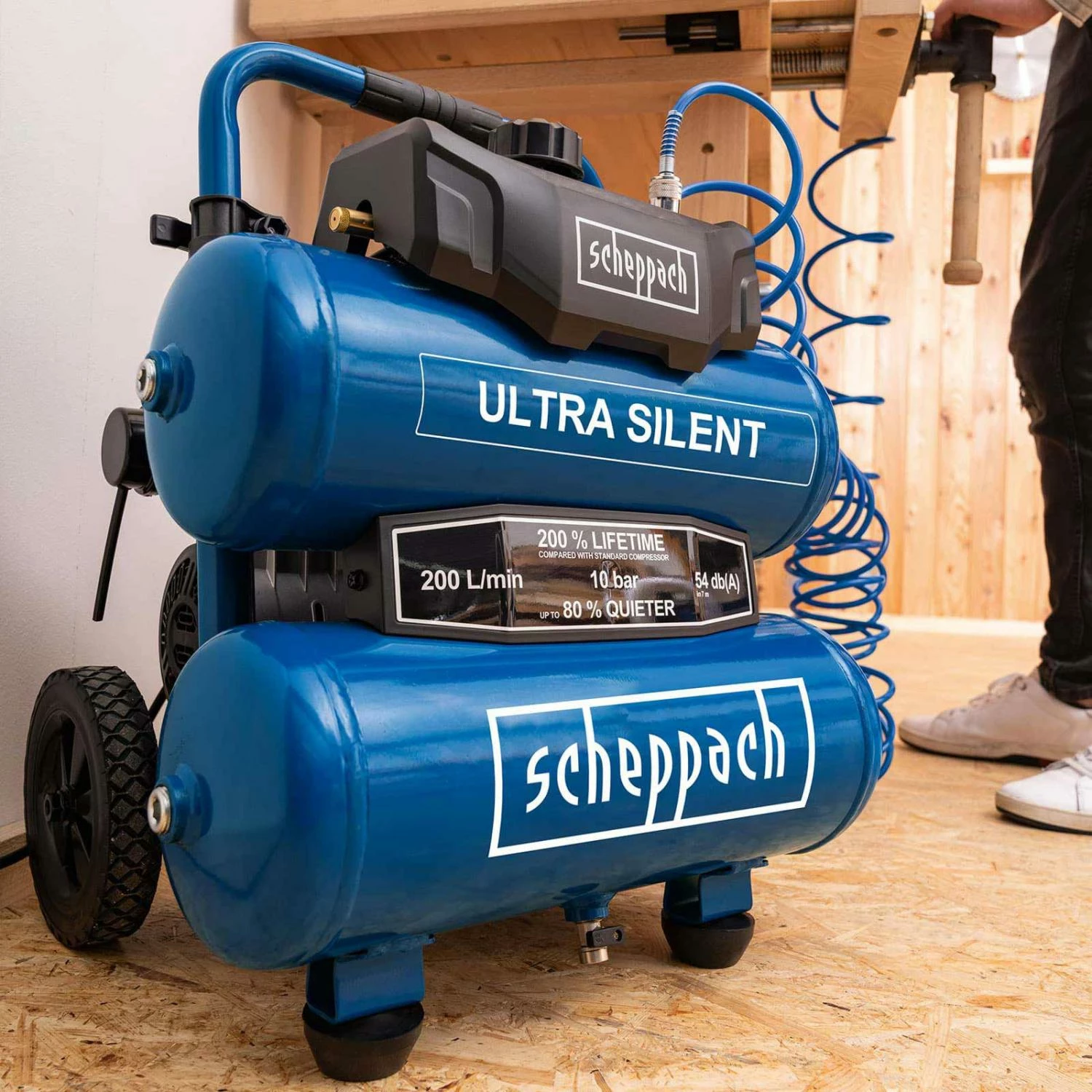 SCHEPPACH - HC20Si-Twin - Compresseur Super Silencieux 20 Litres - 200 L/min - 750 W - Idéal Bois, Métal, Bâtiment, Jardin – Image 5