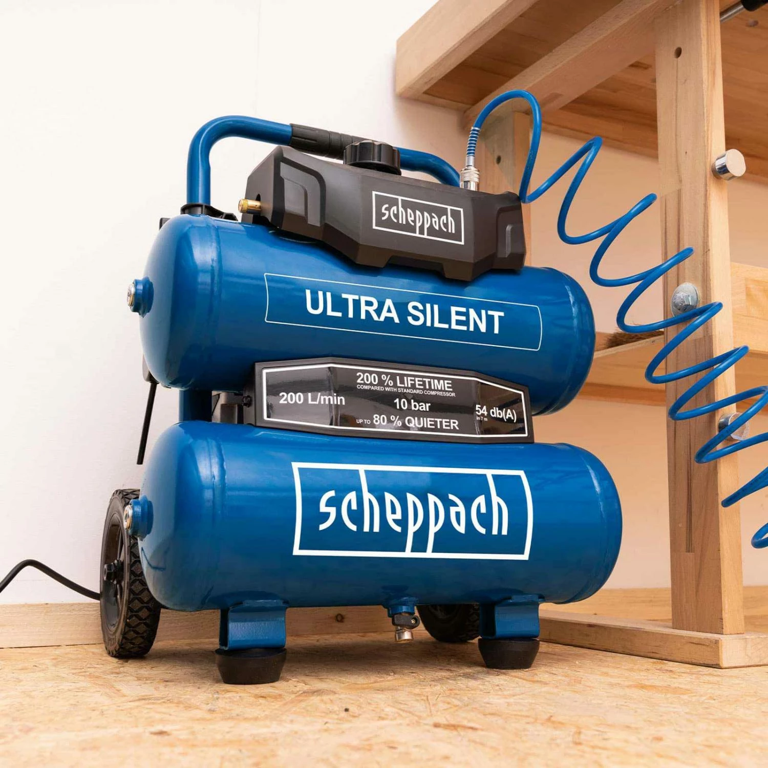 SCHEPPACH - HC20Si-Twin - Compresseur Super Silencieux 20 Litres - 200 L/min - 750 W - Idéal Bois, Métal, Bâtiment, Jardin – Image 6