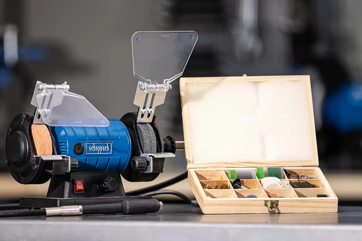 SCHEPPACH - HG35 Touret à Meuler 120 W avec Meule 75 x 25 mm et Coffret de 103 Pièces Offert – Image 4