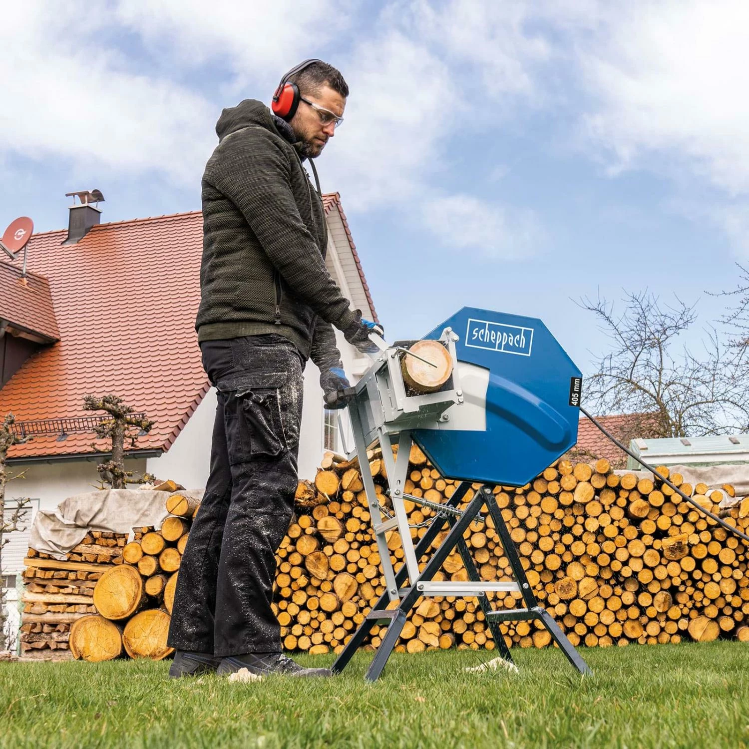 Scheppach HS 410 Scie à Bûches Basculante - Lame Ø 405mm - 2200W - Coupe Ø 135mm - 230V - Machine Jardin Puissante – Image 4